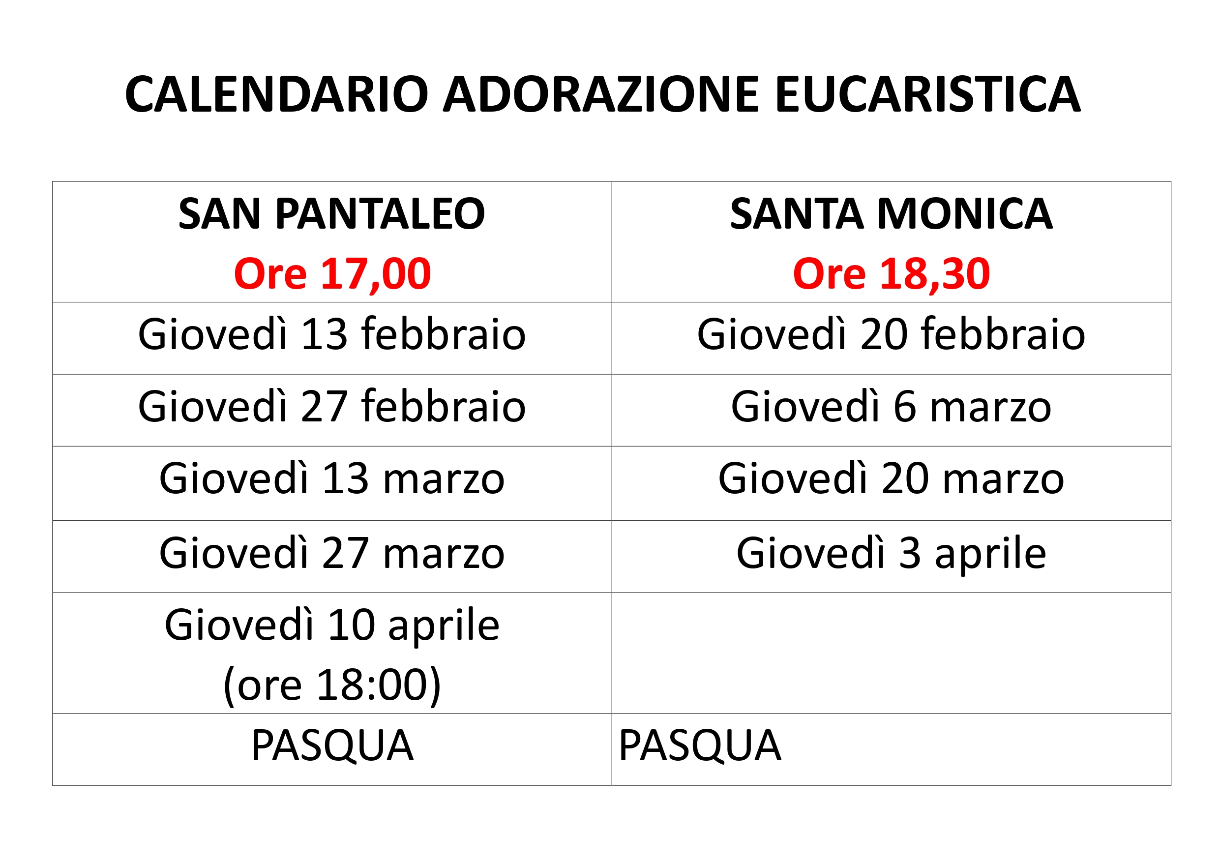 CALENDARIO ADORAZIONI EUCARISTICHE