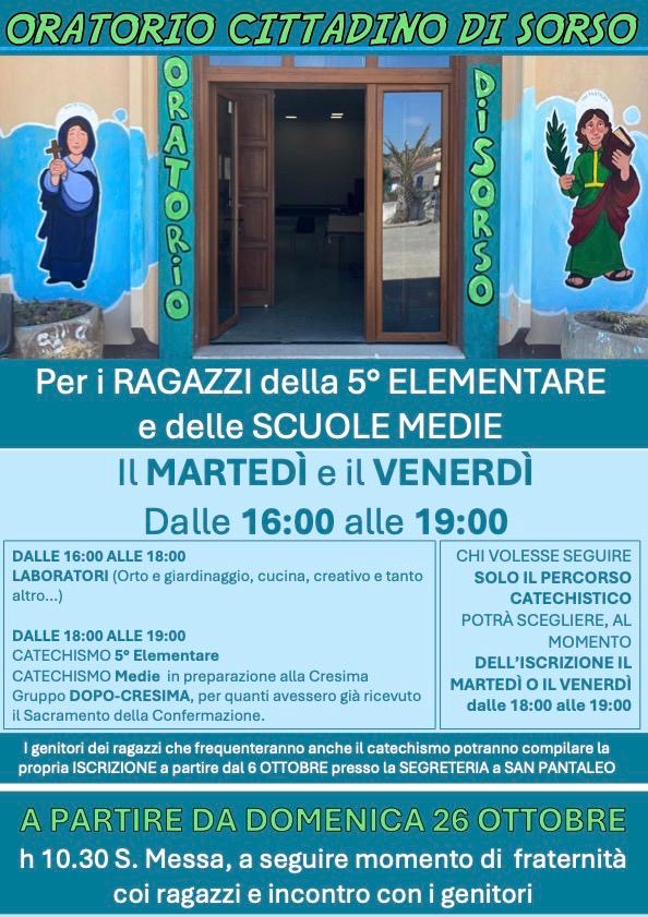 ORATORIO 5 ELEMENTARE E MEDIE E CATECHISMO CRESIMA